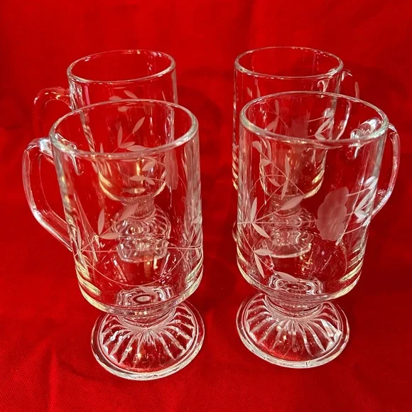 Princess House Heritage Etched Glass Irish Coffee Mug Set of 4 - Picture 4 of 7